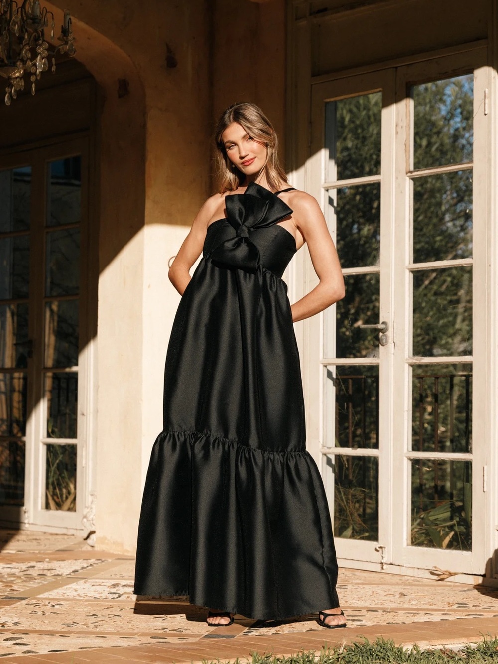 Petal & Pup Black Satin Maxi Dress with Bow Detail